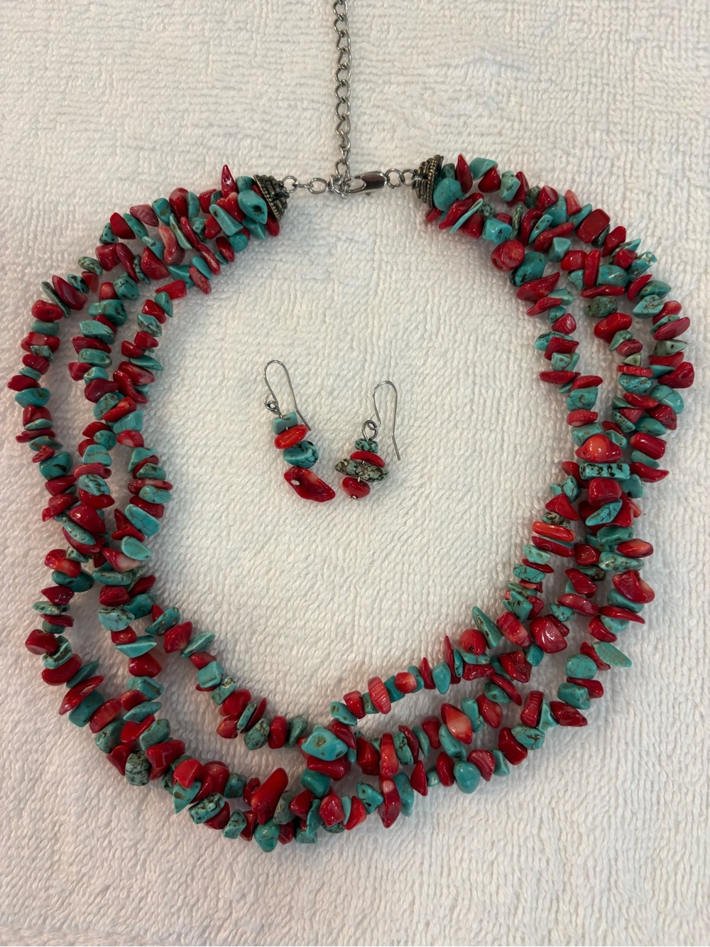 Turquoise and Red Coral Bead Necklace & Earring Set - Women Jewelry